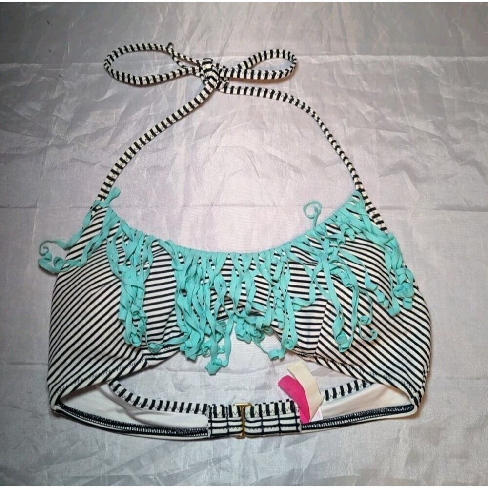 PINK Victoria Secret bikini swim TOP Striped & Aqua fringe halter Size Small